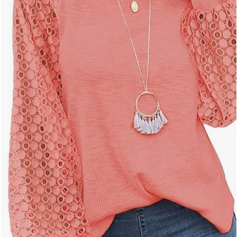 MIHOLL Lace Sleeve Waffle Knit Crew Neck Blouse Coral‎ Size L